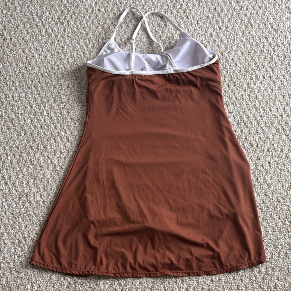Women's Rust Brown One-Piece Swim Dress with White Trim - Picture 3 of 6